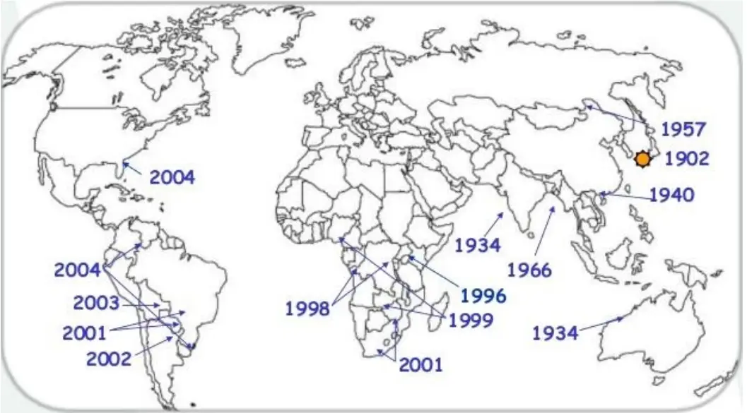 Mapa com o histórico da identificação de ocorrência da ferrugem asiática