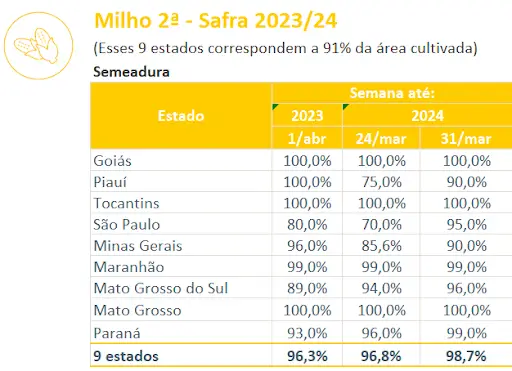 Tabela de dados da CONAB demonstrando a semeadura do milho segunda safra no Brasil