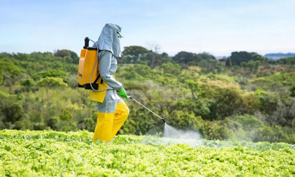 Trabalhador rural usando EPI agrícola no campo para aplicação de defensivos