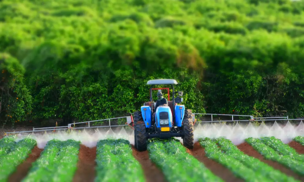 Trator no campo aplicando defensivos após seletividade de herbicidas