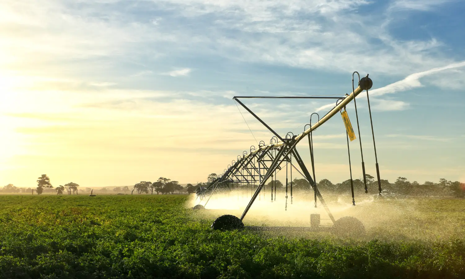 Pivô central de irrigação realizando a aplicação de agrotóxicos no campo