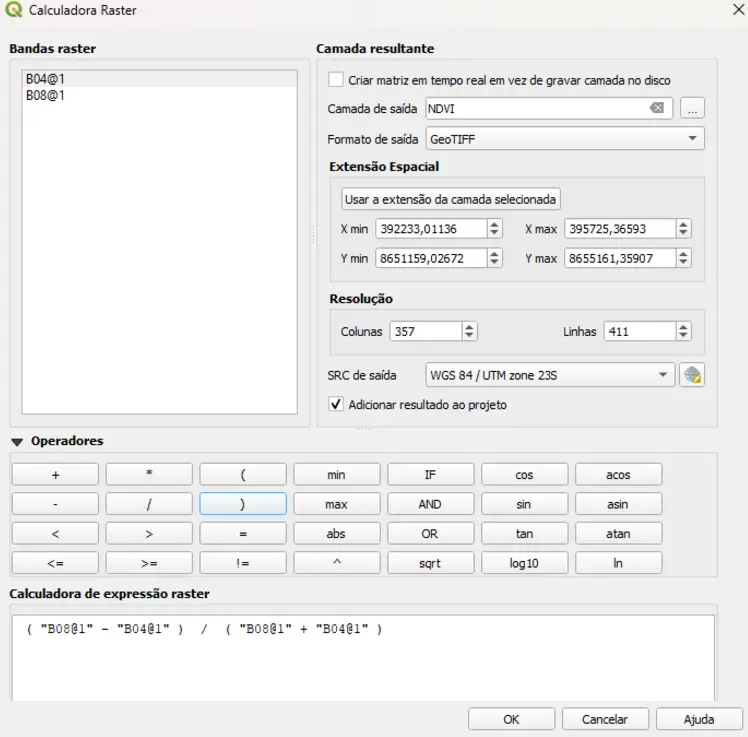 Reprodução da calculadora raster do QGIS no cálculo do NDVI com imagem do MSI/Sentinel-2