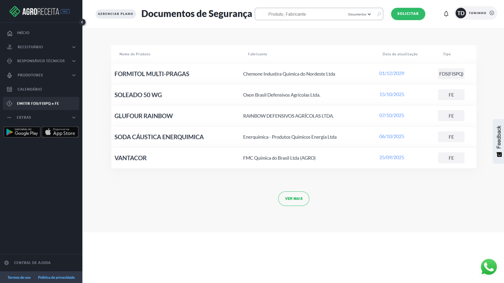 Tela de emissão de FDS (FISPQ) e Ficha de Emergência na AgroReceita