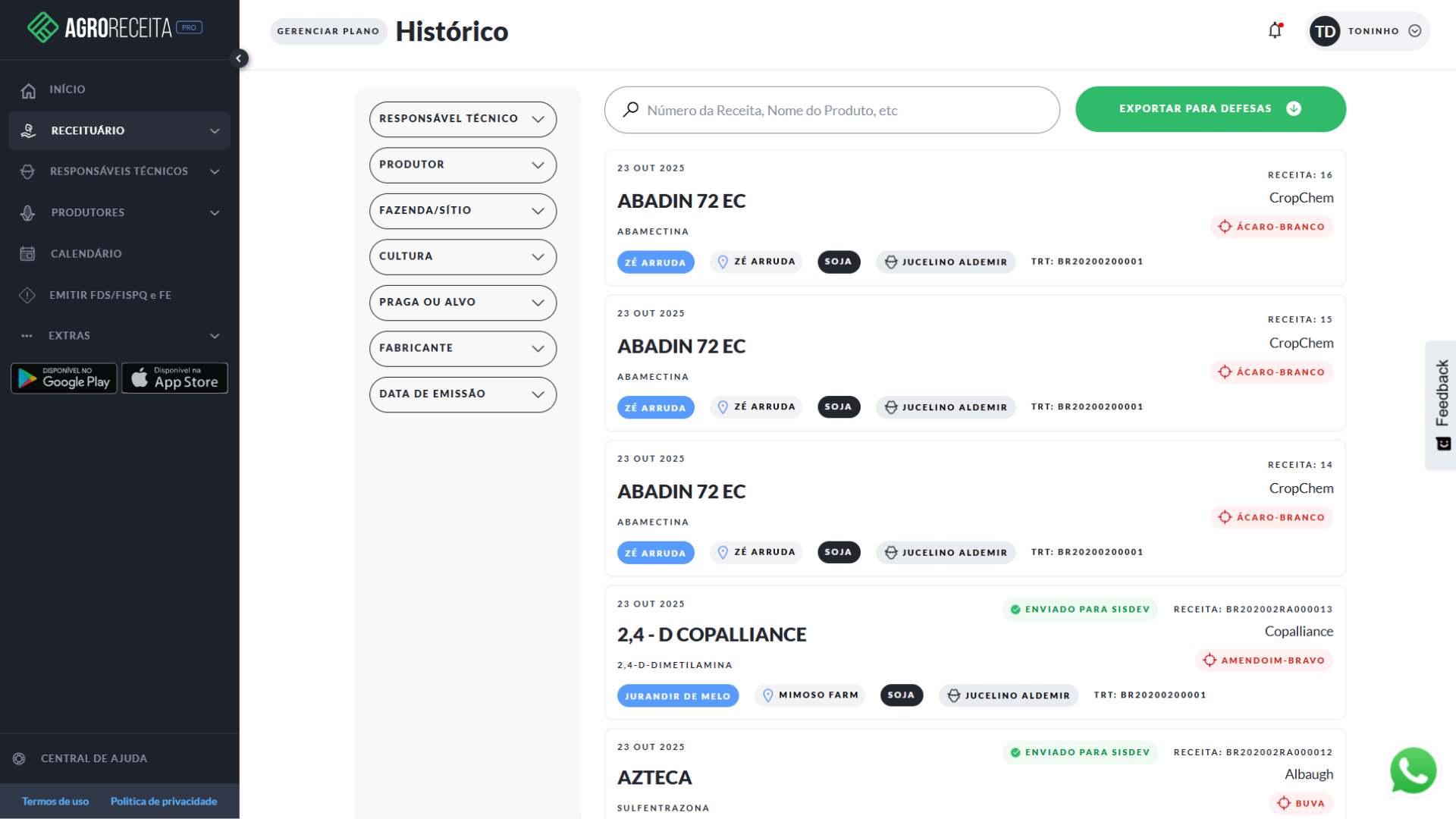 Demonstração de como enviar dados dos Receituário Agronômico emitido para as defesas Agropecuárias na AgroReceita