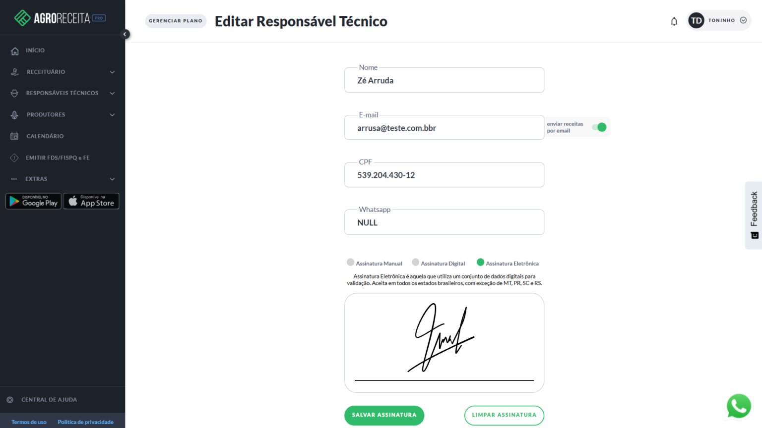 Demonstração de cadastro de assinatura eletrônica e digital do Receituário Agronômico na AgroReceita