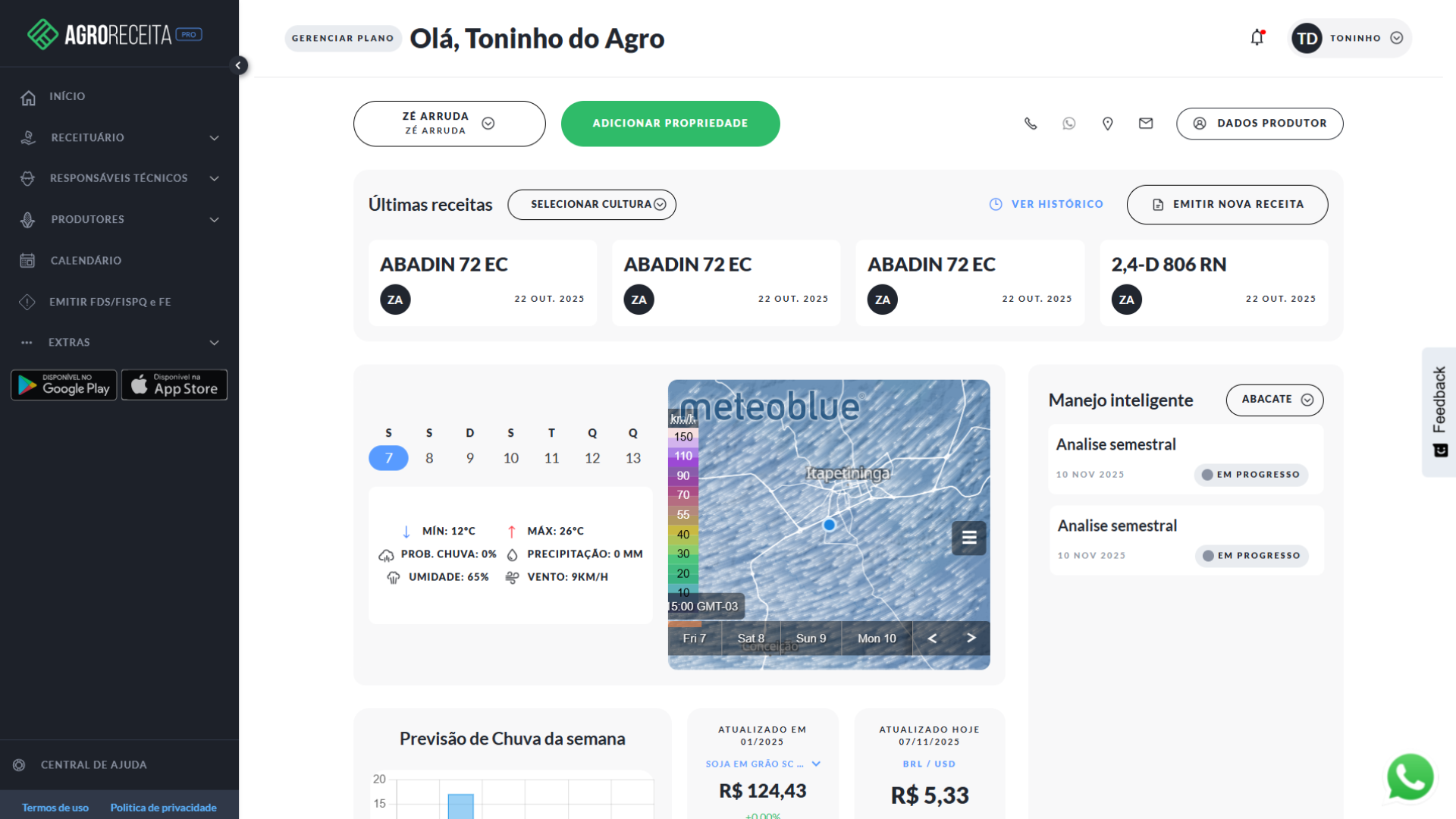 Demonstração da visualização de previsão do tempo na AgroReceita