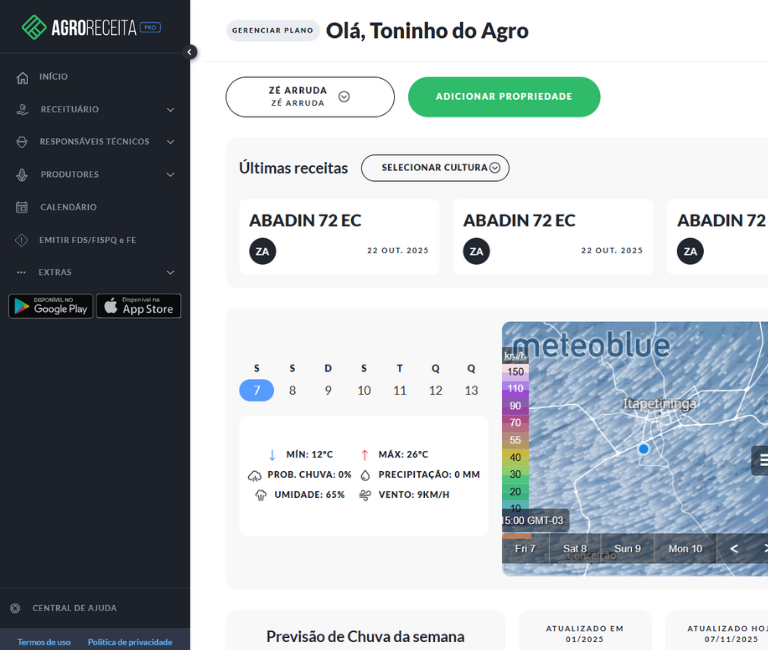 Demonstração da visualização de previsão do tempo na AgroReceita