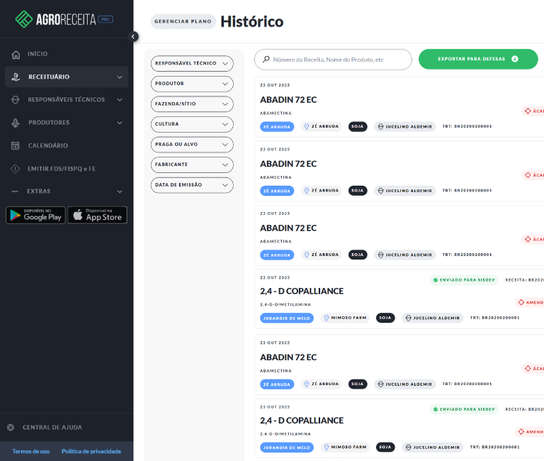 Demonstração de como enviar dados dos Receituário Agronômico emitido para as defesas Agropecuárias na AgroReceita