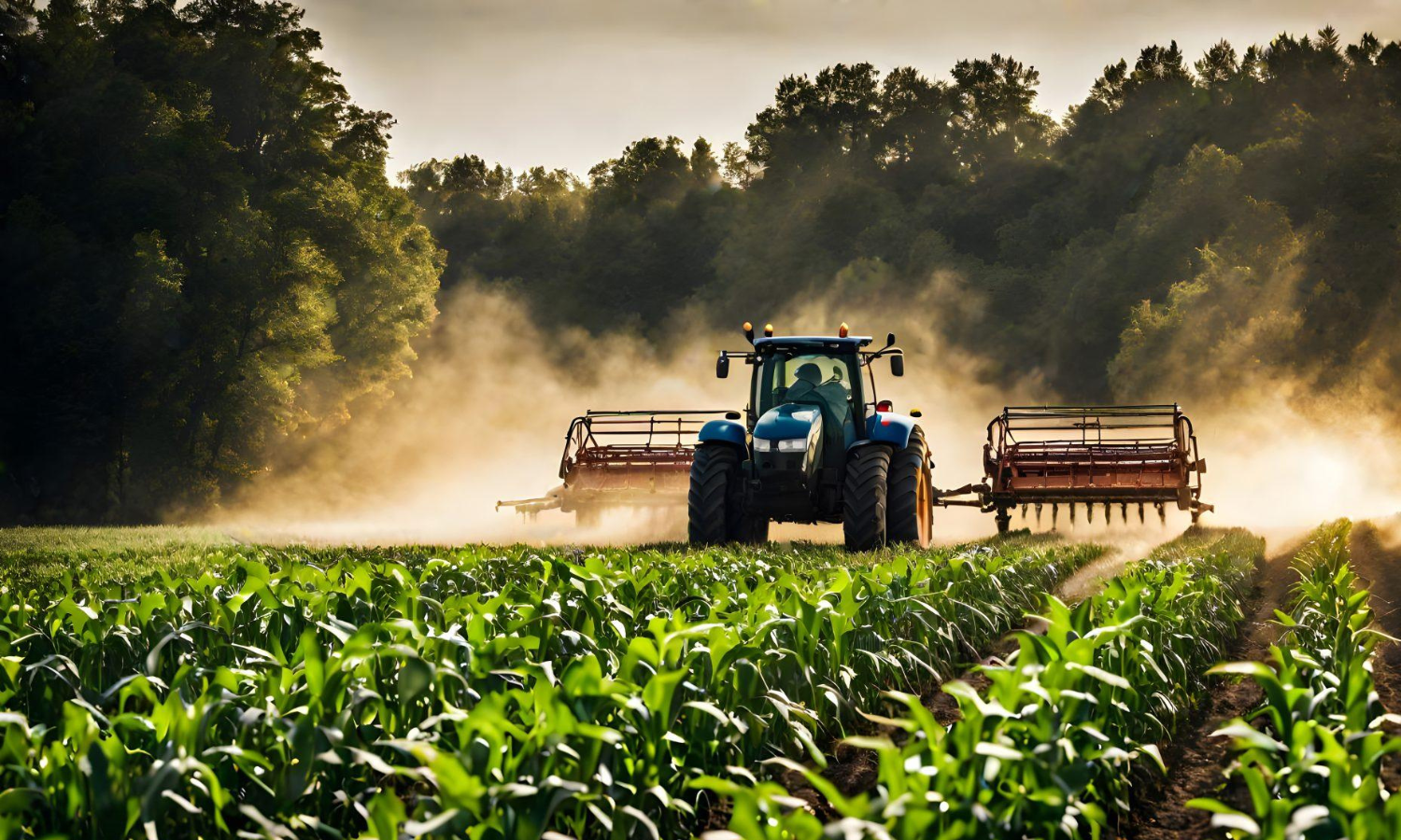 Trator aplicando defensivos agrícolas na lavoura