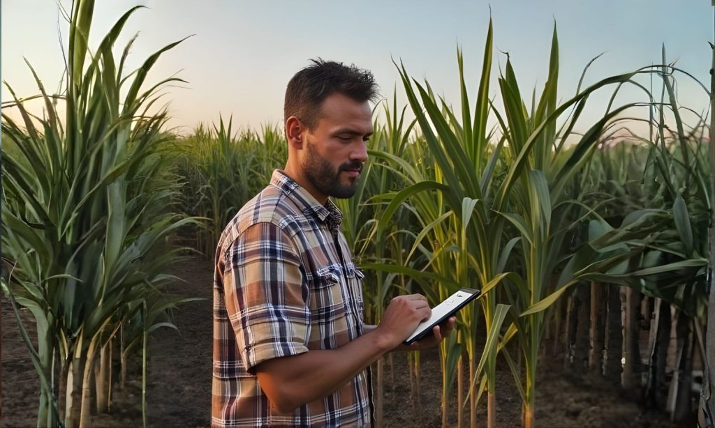 Técnico agrícola realizando a prescrição agronômica de defensivos para a cana-de-açúcar