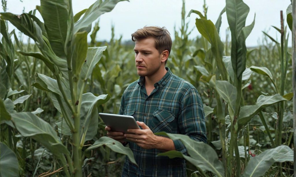 Homem realizando a prescrição de um defensivo agrícola em sua lavoura