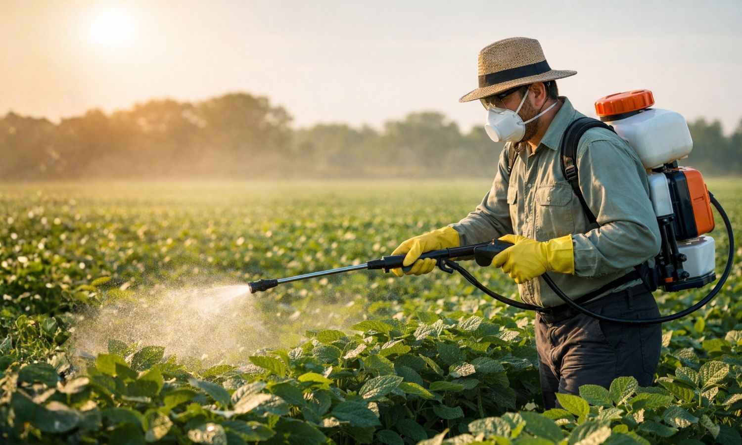 Homem aplicando fungicidas na lavoura de soja