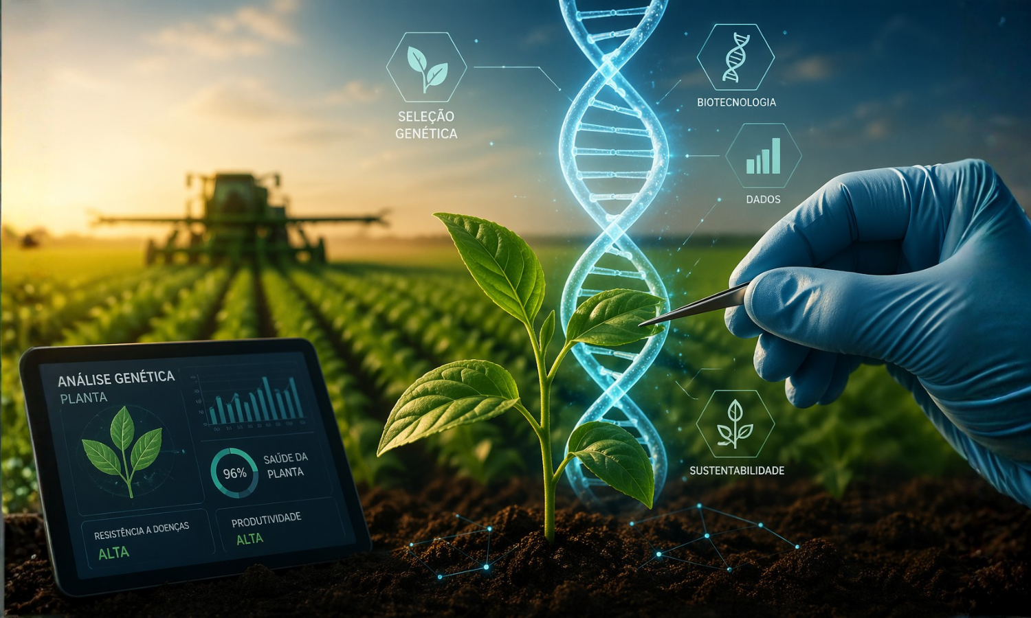 Análise de planta com microscópio em lavoura, representando agrigenomica.